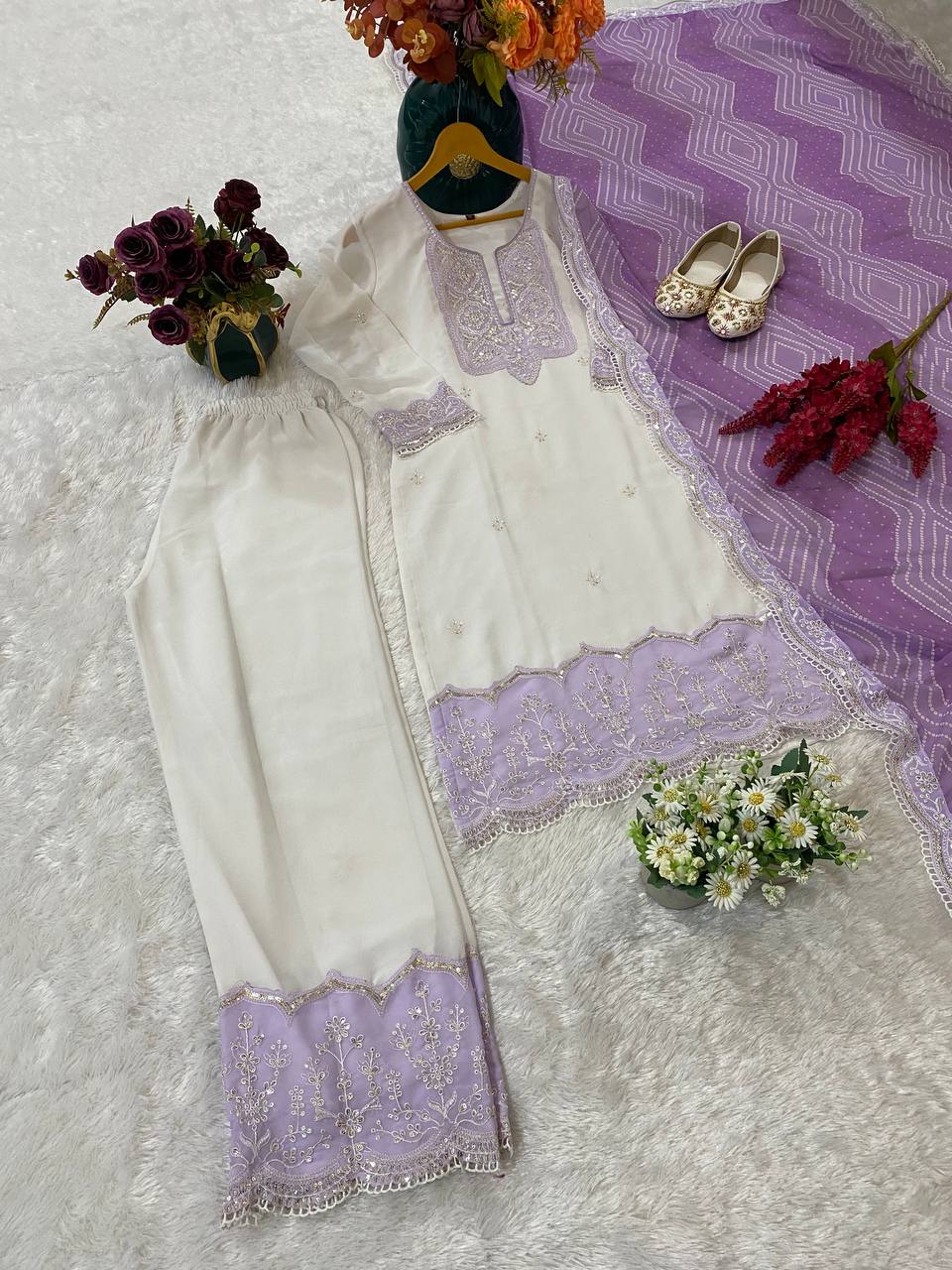 Elegant Georgette Embroidered Kurti Set with Printed Dupatta