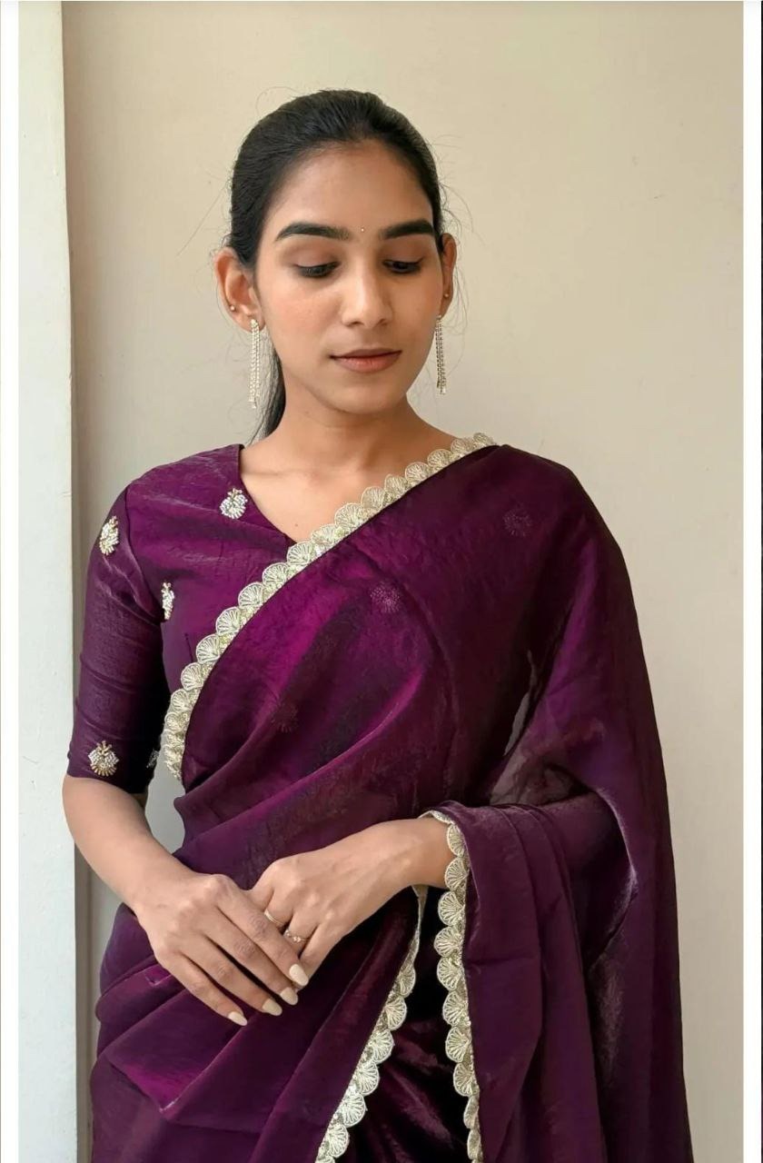 Elegant Space Silk Saree with Golden Sequence Border & Beads Work Blouse