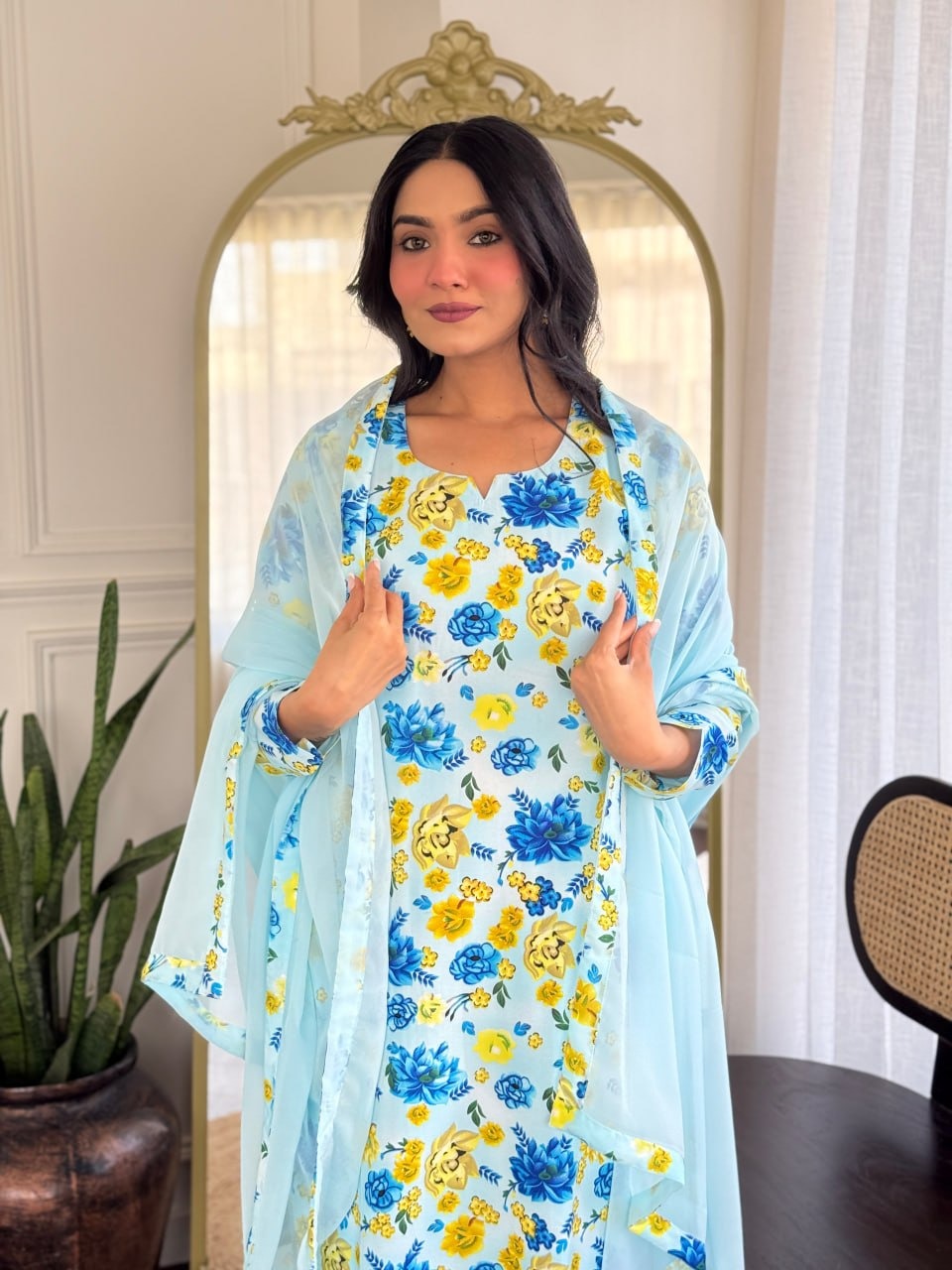 Graceful Georgette Top with Chanderi Silk Bottom & Dupatta Set