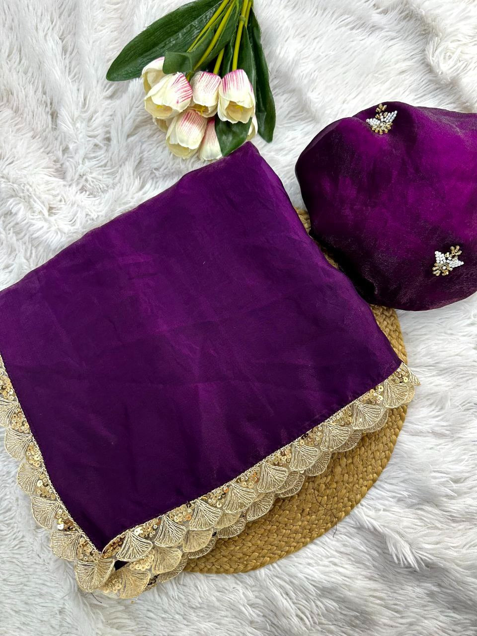 Elegant Space Silk Saree with Golden Sequence Border & Beads Work Blouse