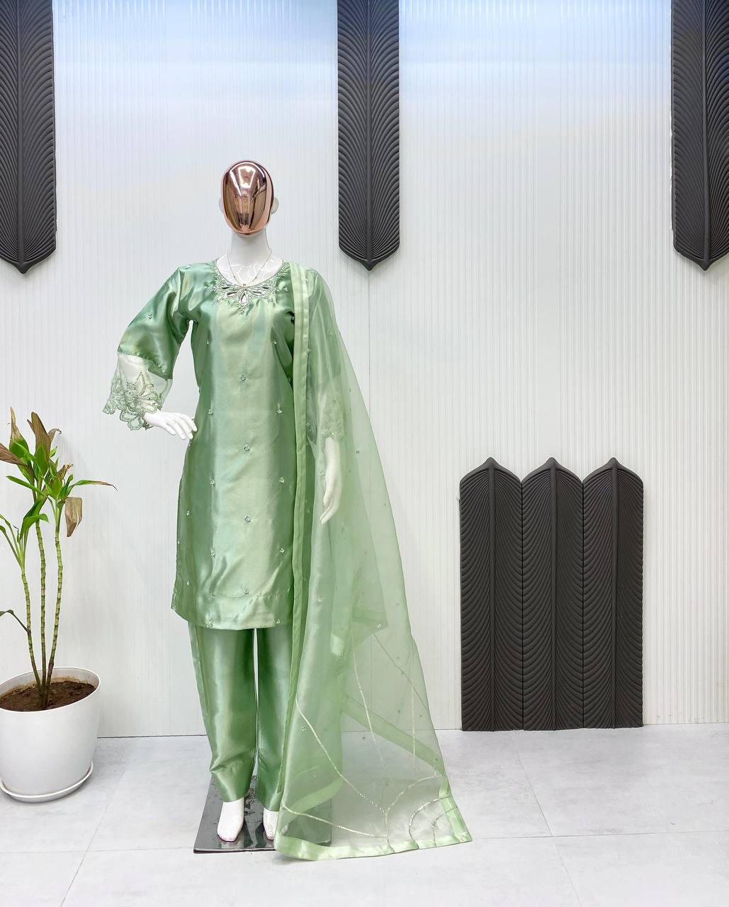 Elegant Moss Satin Kurta Set with Organza Dupatta