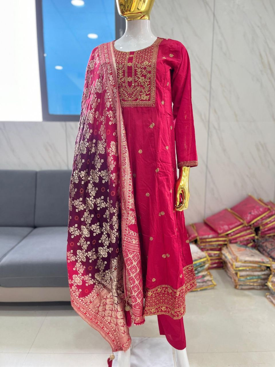 Elegant Banana Silk Anarkali Kurti Set with Banarasi Dupatta