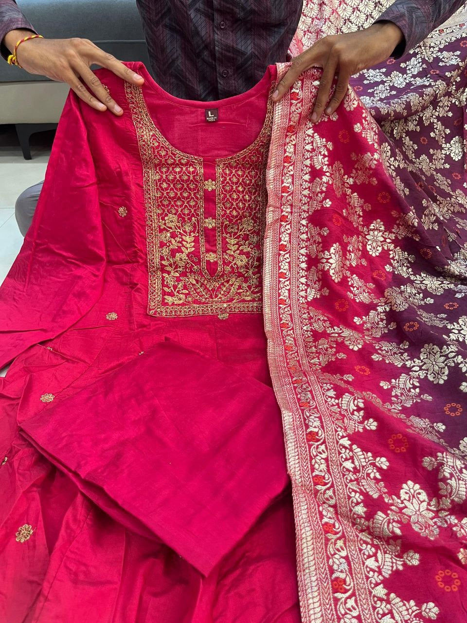 Elegant Banana Silk Anarkali Kurti Set with Banarasi Dupatta