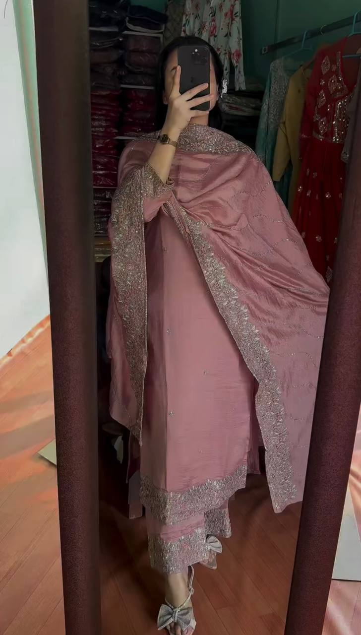 Chinon Silk Embroidered Kurti Set with Dupatta