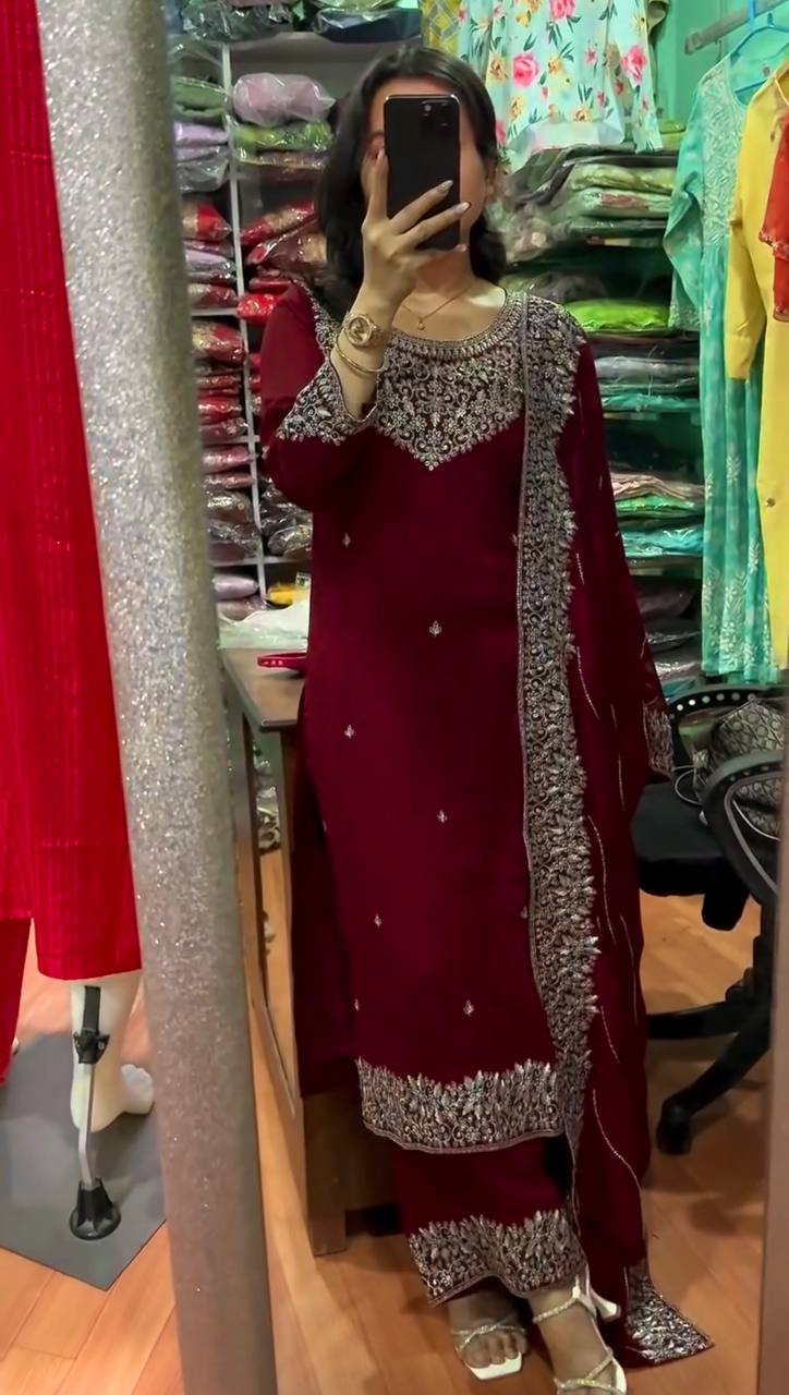 Chinon Silk Embroidered Kurti Set with Dupatta