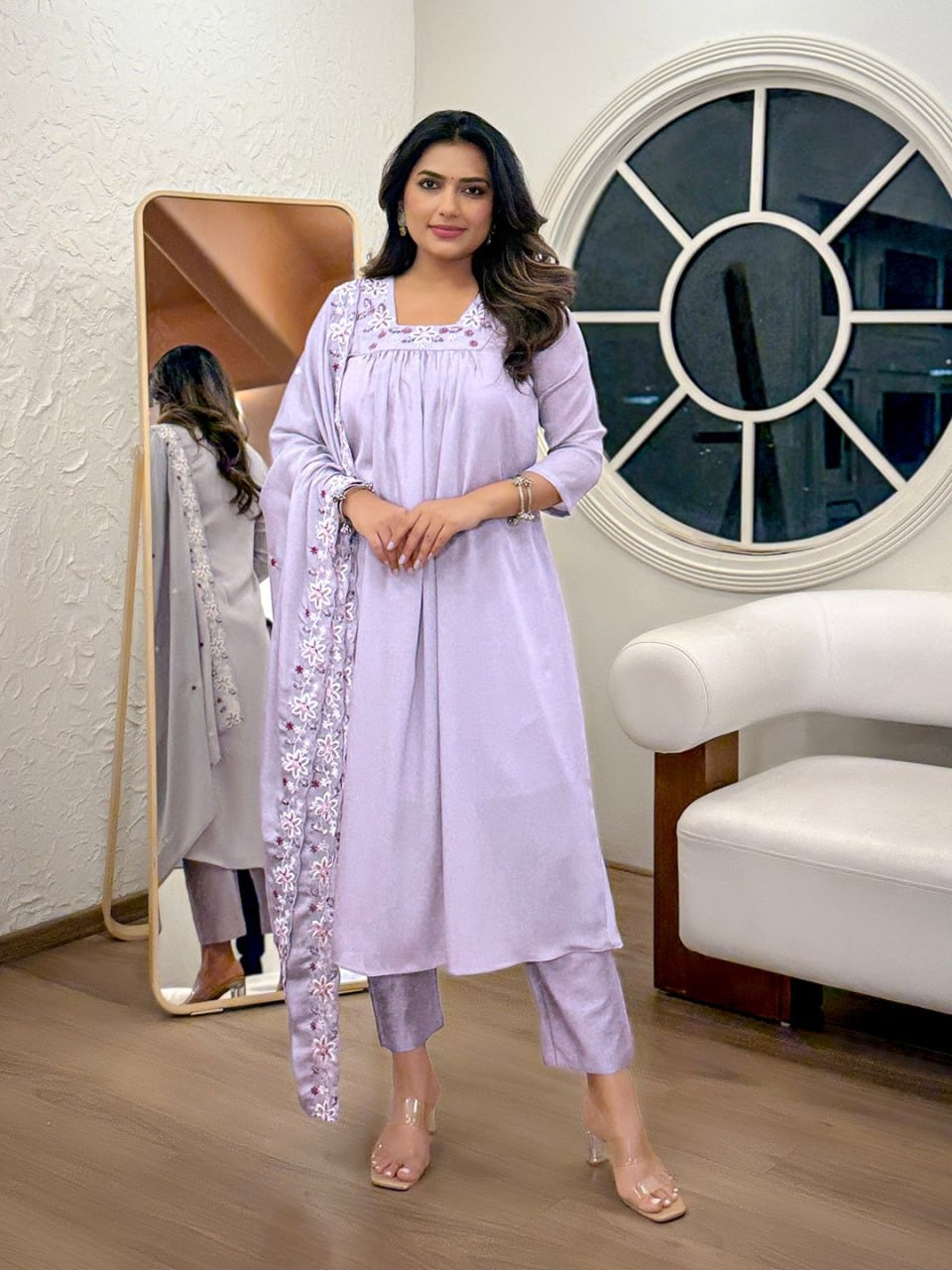 Elegant Chinon Embroidered Kurta Set with Rayon Bottom & Dupatta