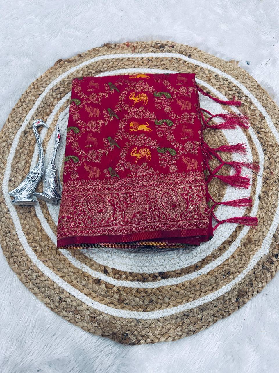 Pure Hand-Dyed Nylon Kadi Crepe Georgette Saree with Meenakari Jacquard Weave