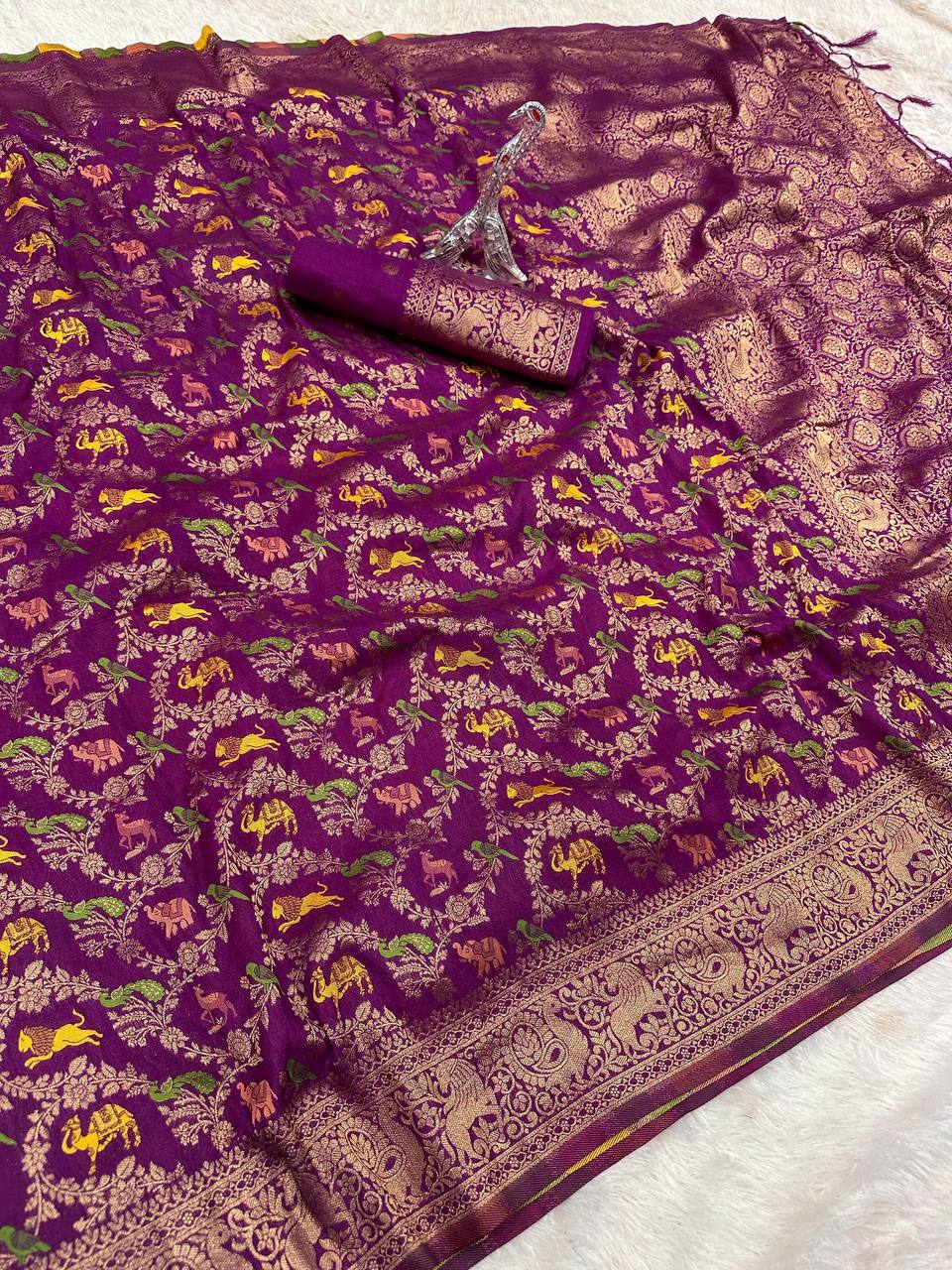 Pure Hand-Dyed Nylon Kadi Crepe Georgette Saree with Meenakari Jacquard Weave