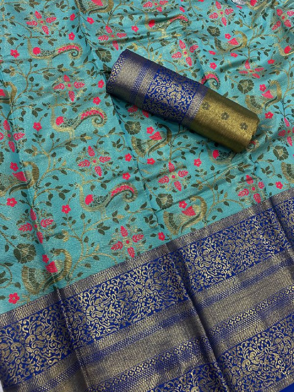 Pure Handloom Kanjivaram Silk Saree with Contrast Border & Rich Zari Pallu