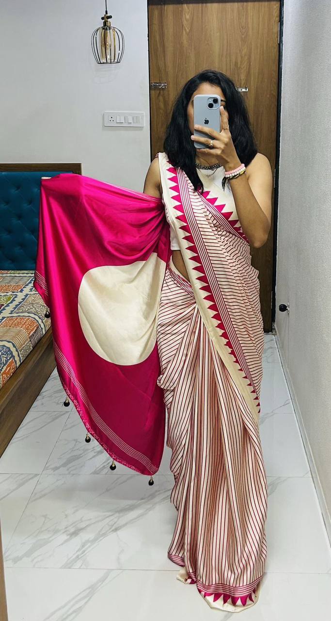 Classic Black & Ivory Striped Saree with Geometric Border