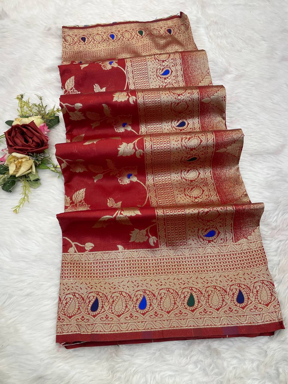 Pure Banarasi Silk Saree with Floral & Meena Zari Work