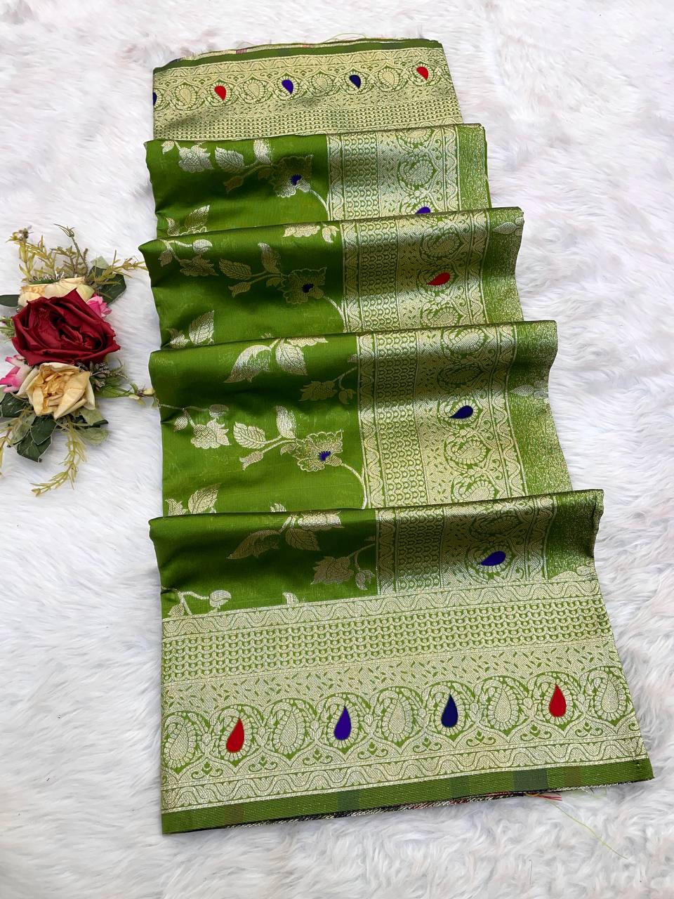 Pure Banarasi Silk Saree with Floral & Meena Zari Work