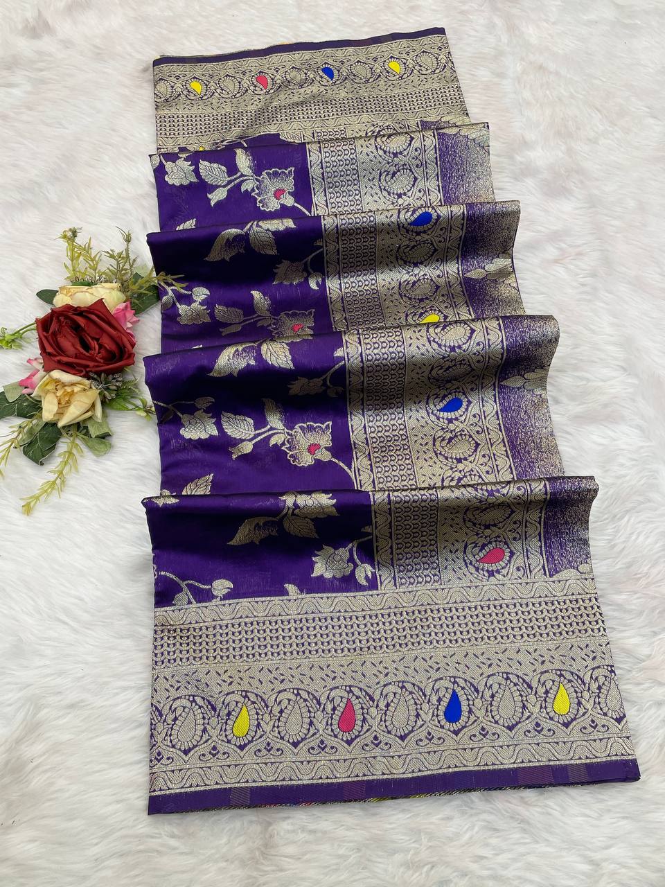 Pure Banarasi Silk Saree with Floral & Meena Zari Work