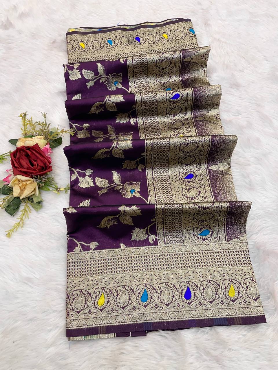 Pure Banarasi Silk Saree with Floral & Meena Zari Work