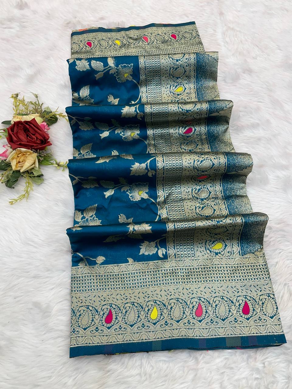 Pure Banarasi Silk Saree with Floral & Meena Zari Work