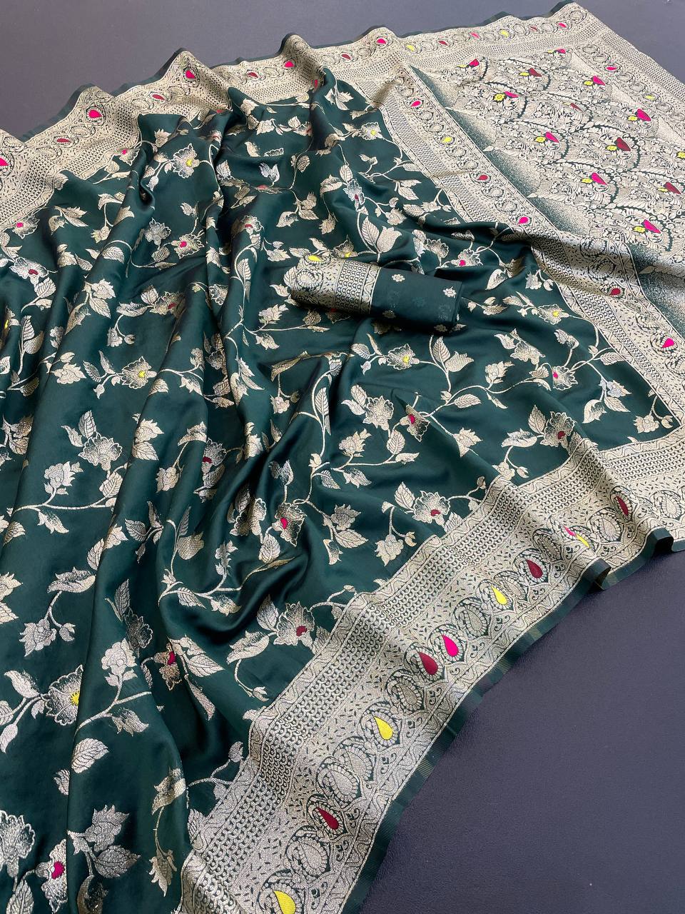 Pure Banarasi Silk Saree with Floral & Meena Zari Work