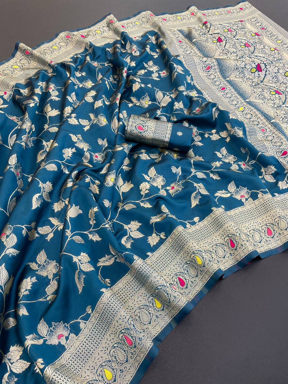 Pure Banarasi Silk Saree with Floral & Meena Zari Work