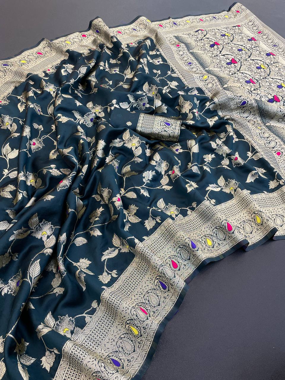 Pure Banarasi Silk Saree with Floral & Meena Zari Work