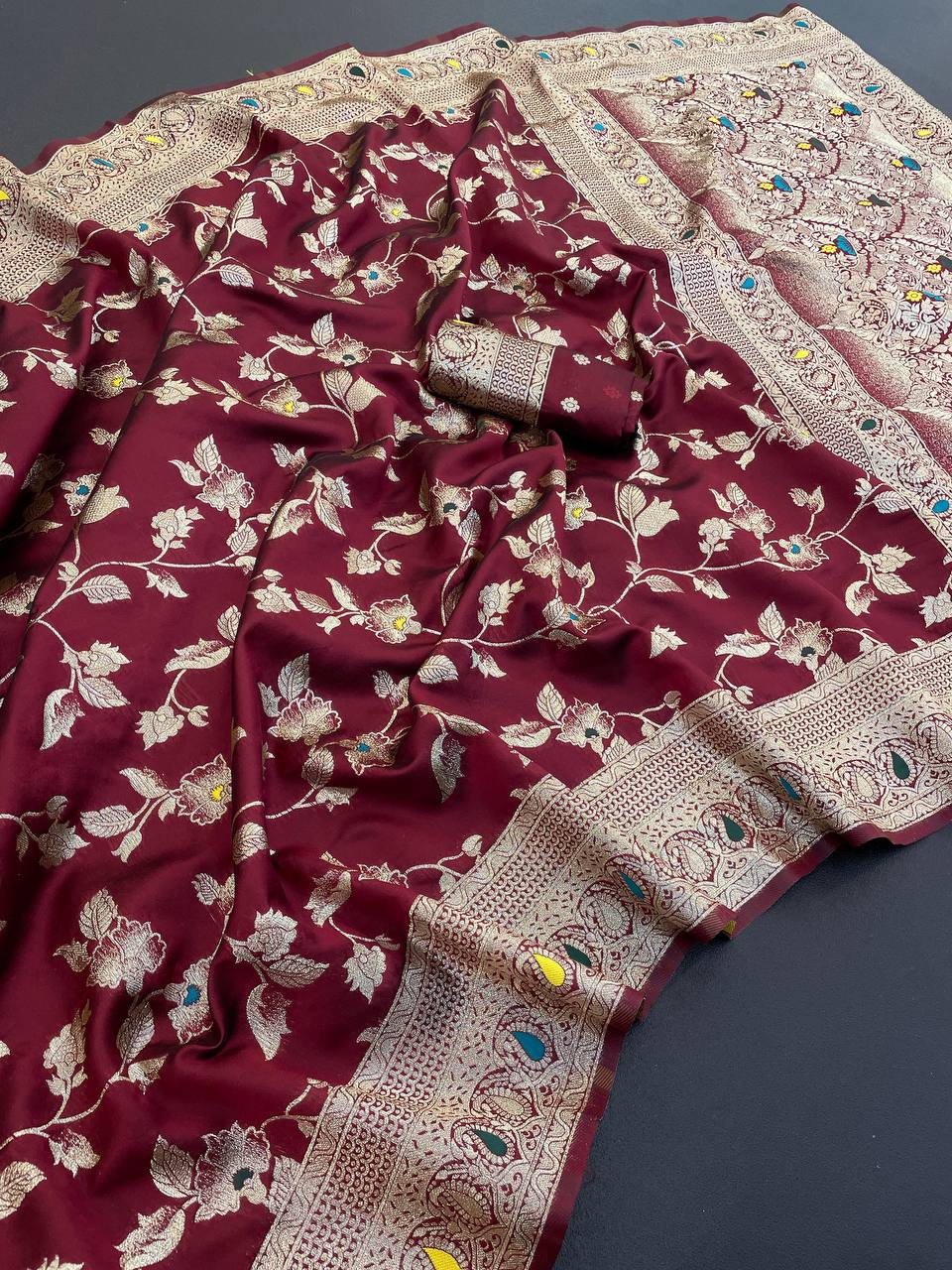 Pure Banarasi Silk Saree with Floral & Meena Zari Work