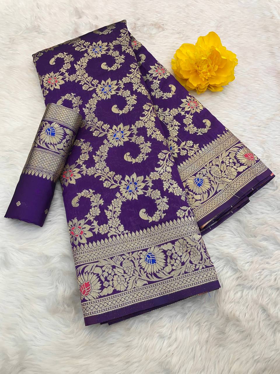 Pure Banarasi Silk Saree with Floral & Meena Zari Work