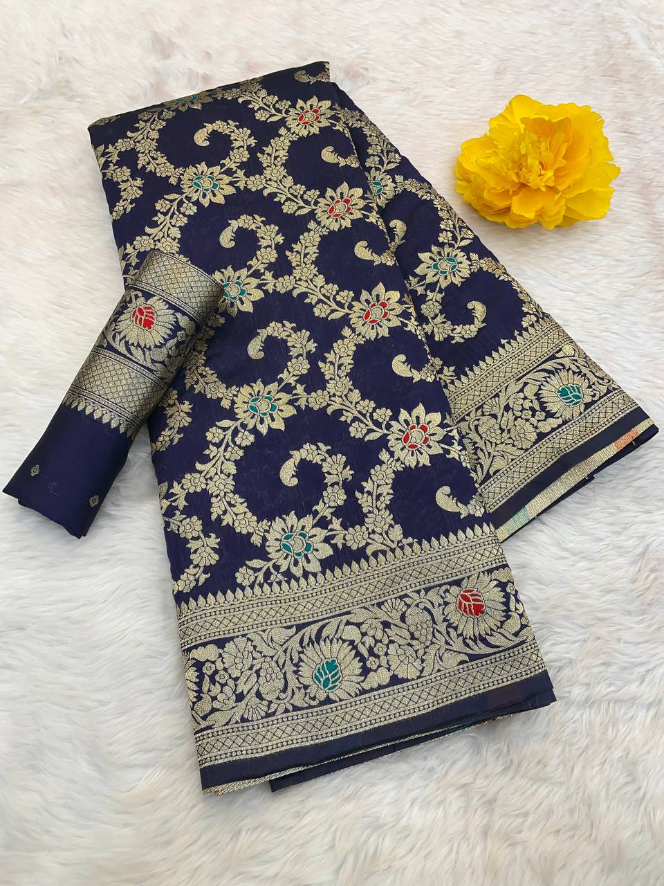Pure Banarasi Silk Saree with Floral & Meena Zari Work