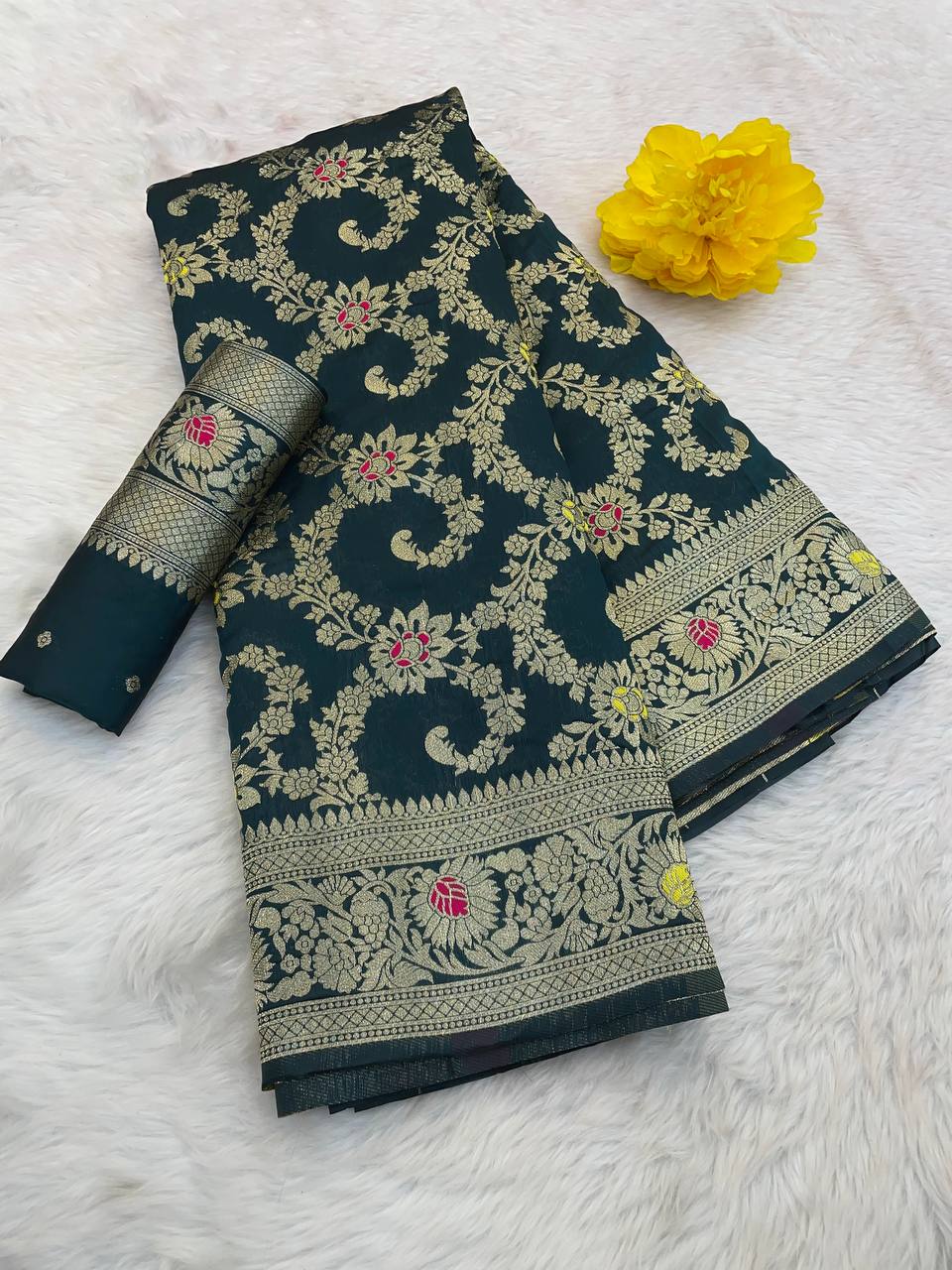 Pure Banarasi Silk Saree with Floral & Meena Zari Work
