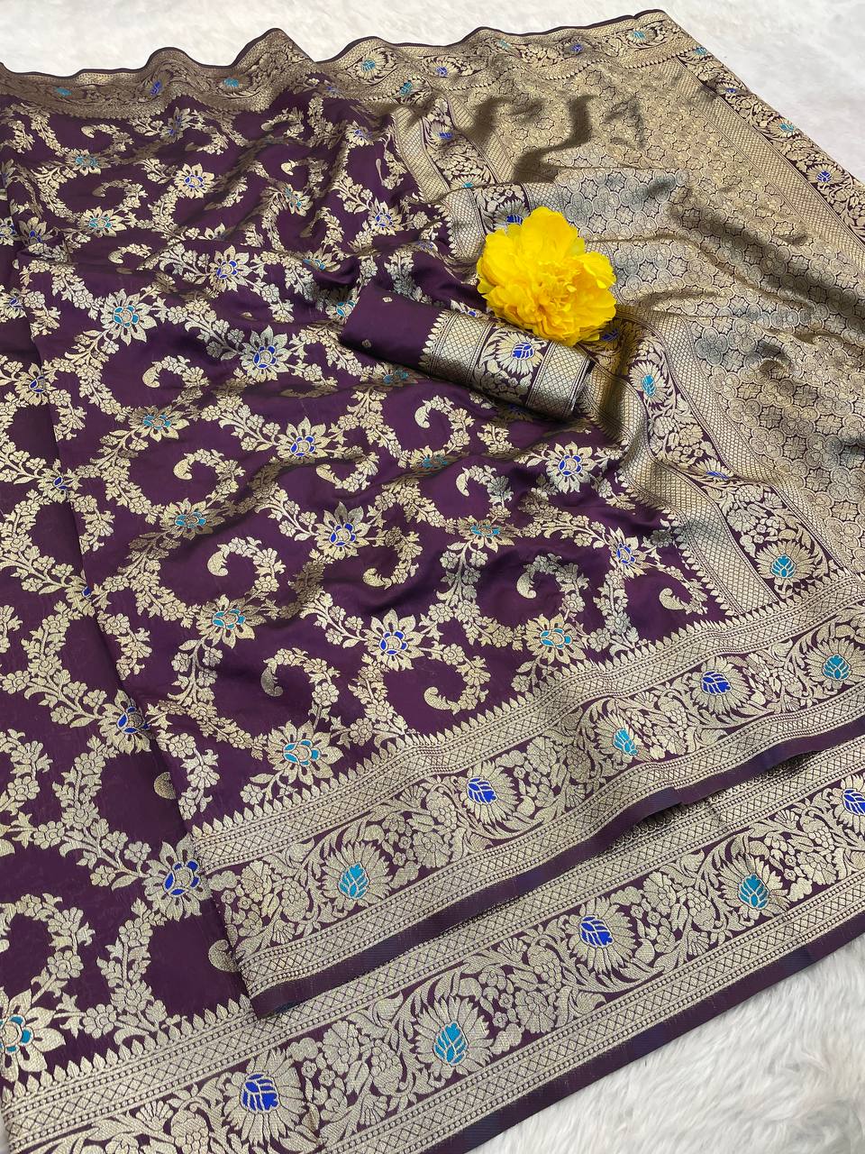 Pure Banarasi Silk Saree with Floral & Meena Zari Work