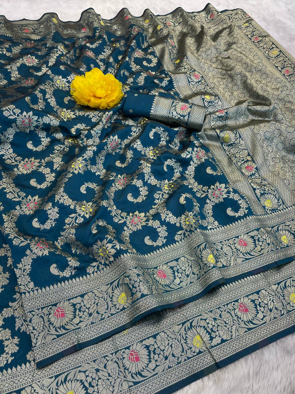 Pure Banarasi Silk Saree with Floral & Meena Zari Work