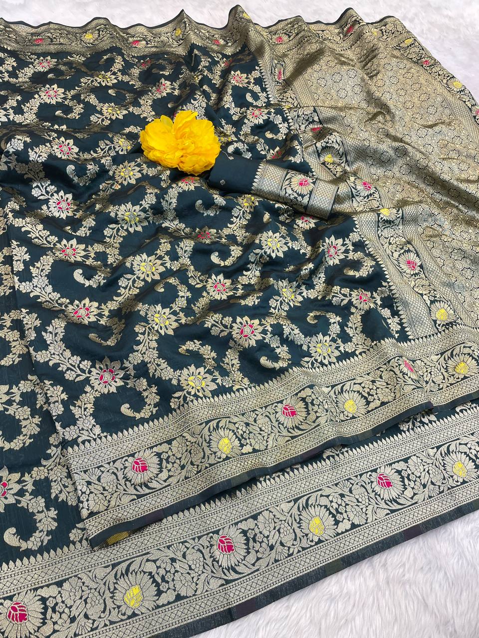 Pure Banarasi Silk Saree with Floral & Meena Zari Work