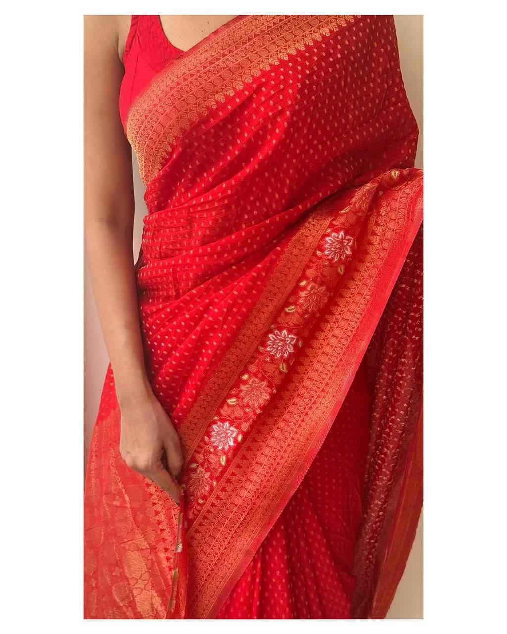 Hand Dyed Crepe Georgette Saree with Meenakari Jacquard Weaving