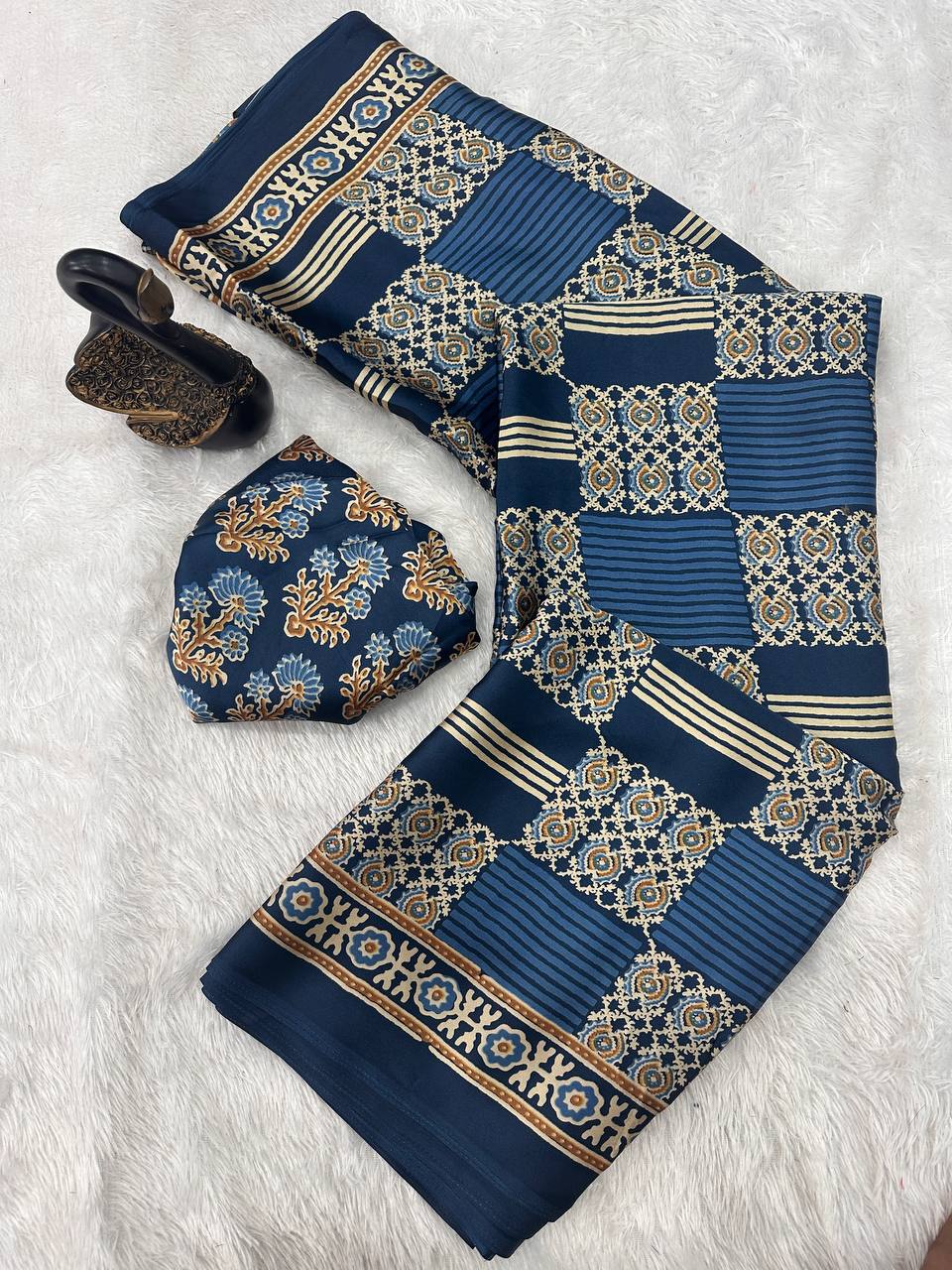 Original Ajrakh Semi Gaji Silk Bandhej Saree