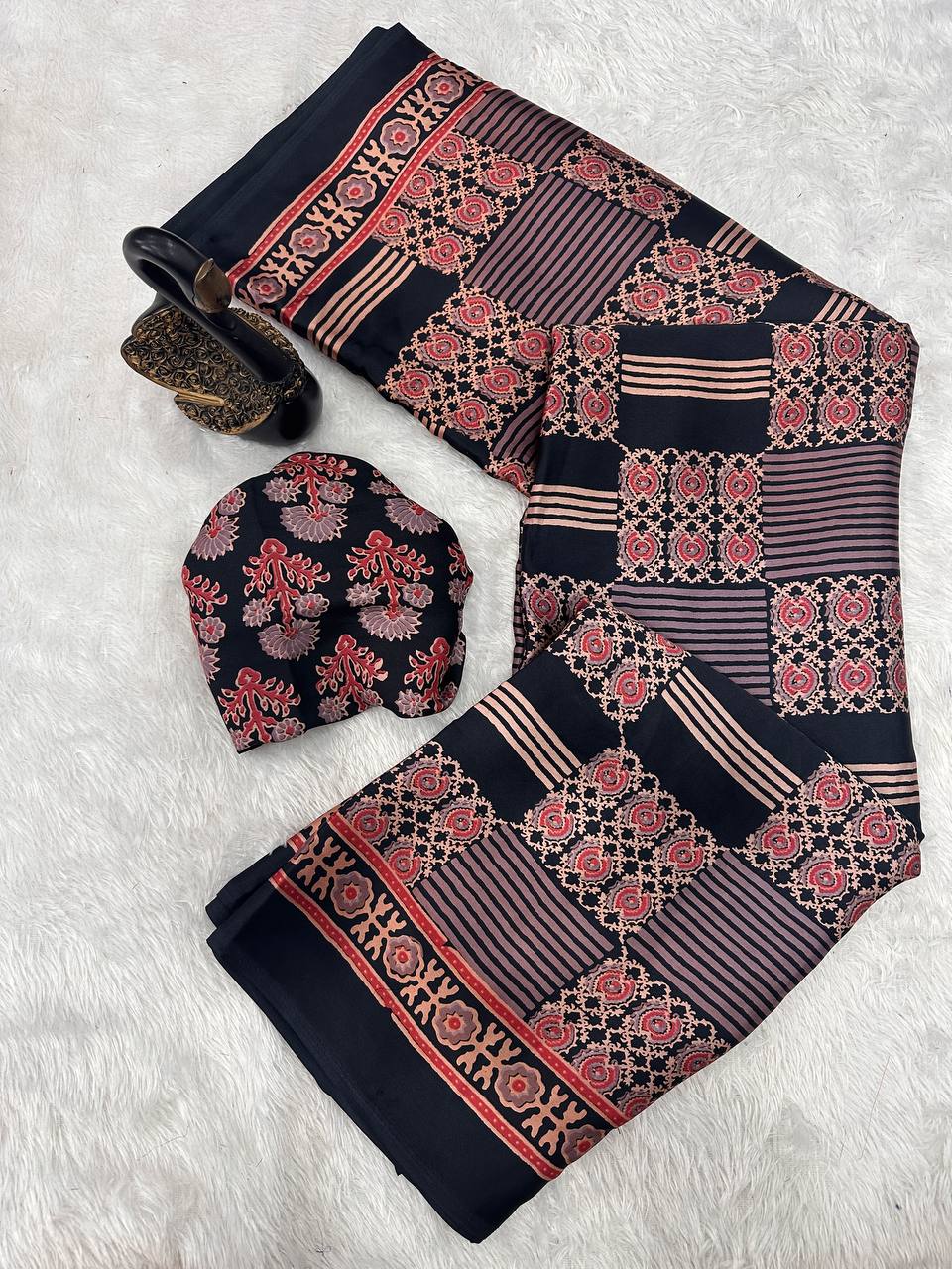 Original Ajrakh Semi Gaji Silk Bandhej Saree