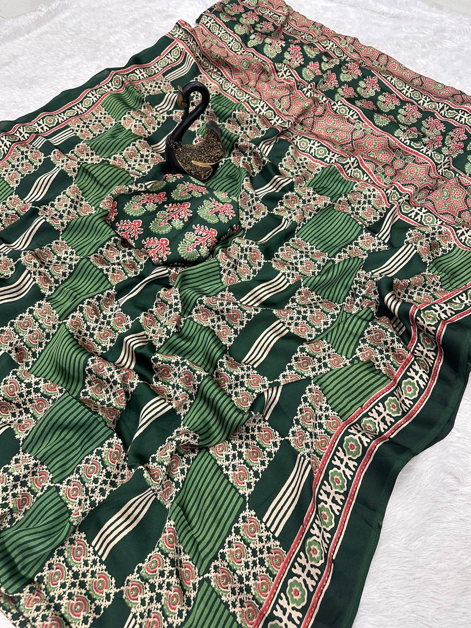 Original Ajrakh Semi Gaji Silk Bandhej Saree