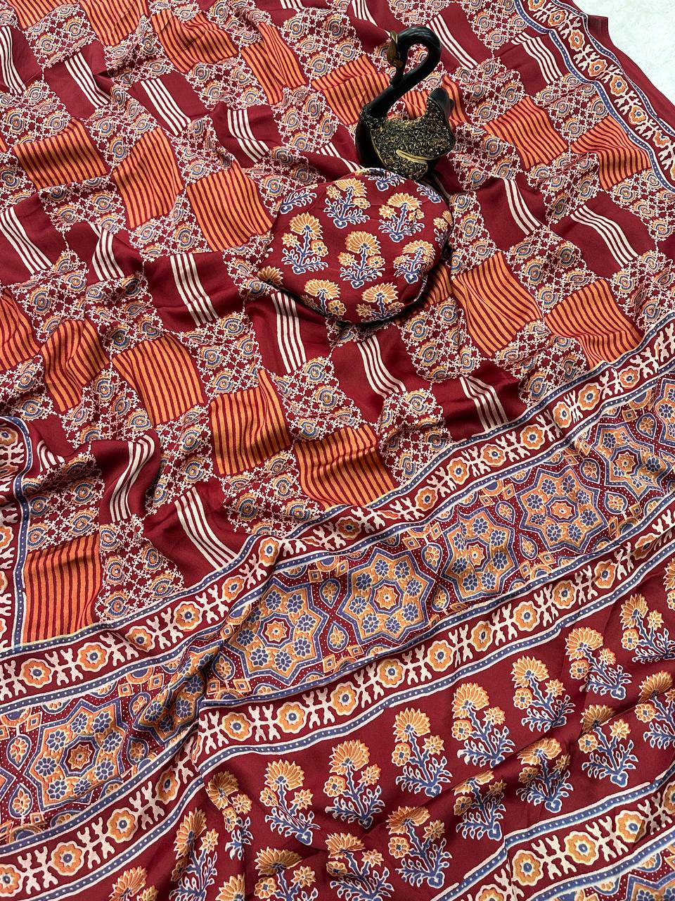 Original Ajrakh Semi Gaji Silk Bandhej Saree