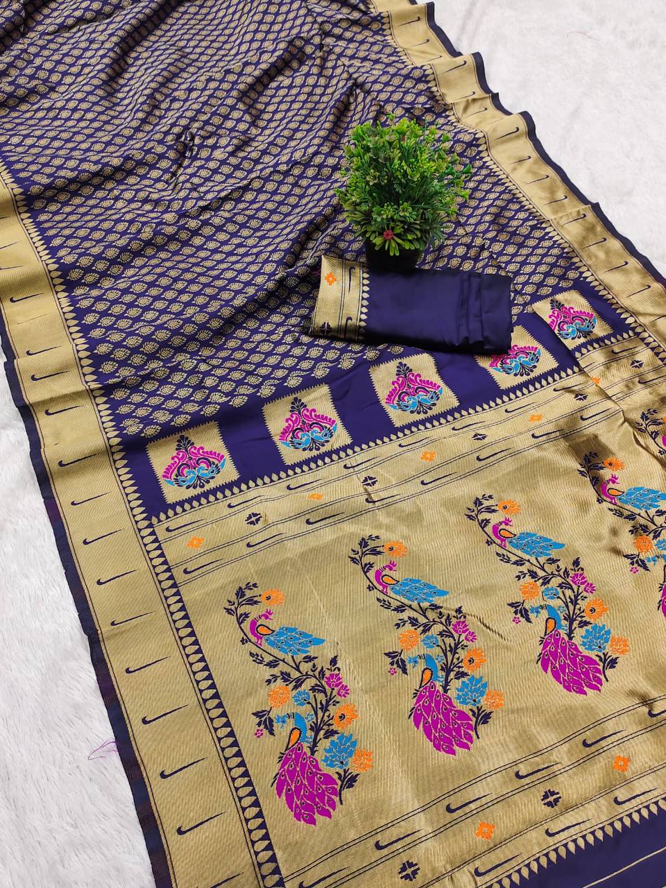 Original Paithani Silk Saree with Gold Zari Meenakari Work
