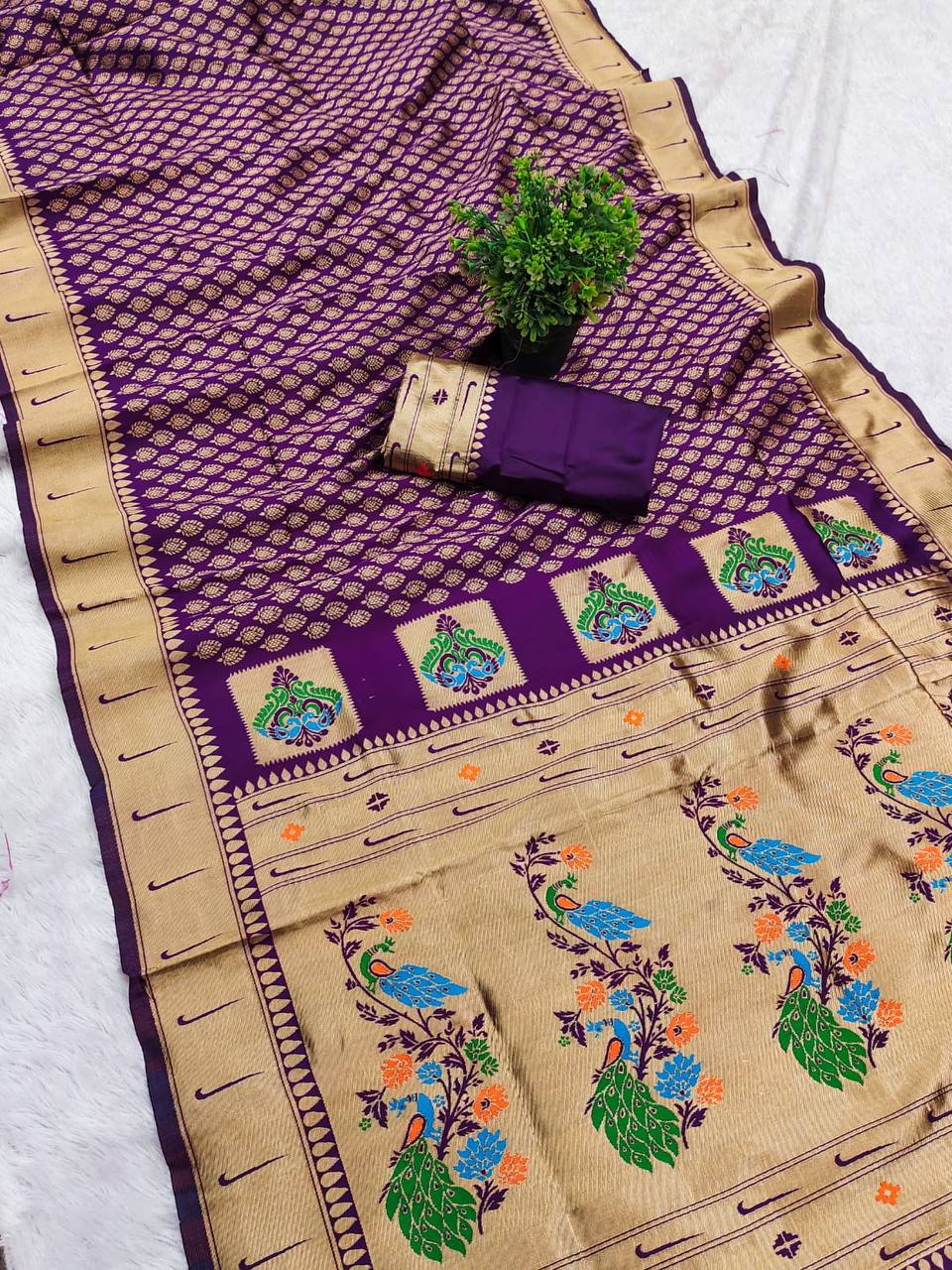 Original Paithani Silk Saree with Gold Zari Meenakari Work
