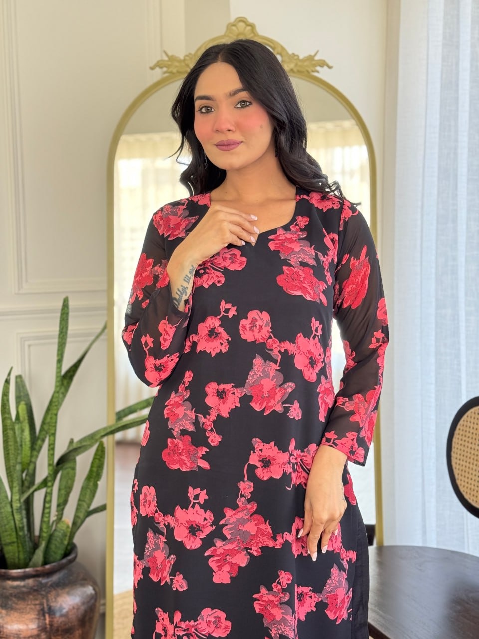 Elegant Georgette Top with Chanderi Silk Bottom & Dupatta Set