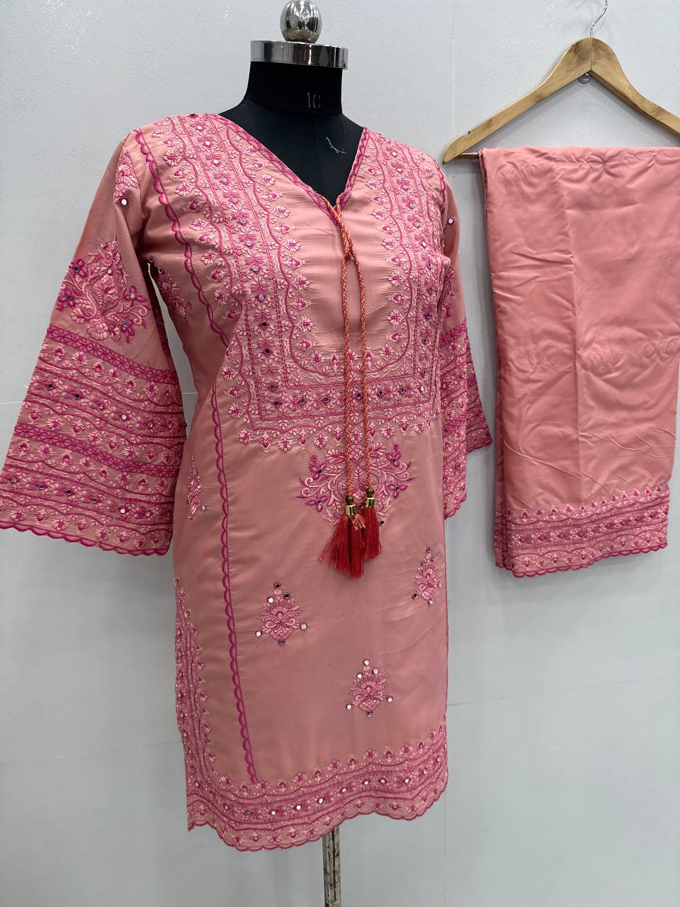 Heavy Cotton Embroidered Kurti &amp; Plazzo Set with Real Mirror Handwork