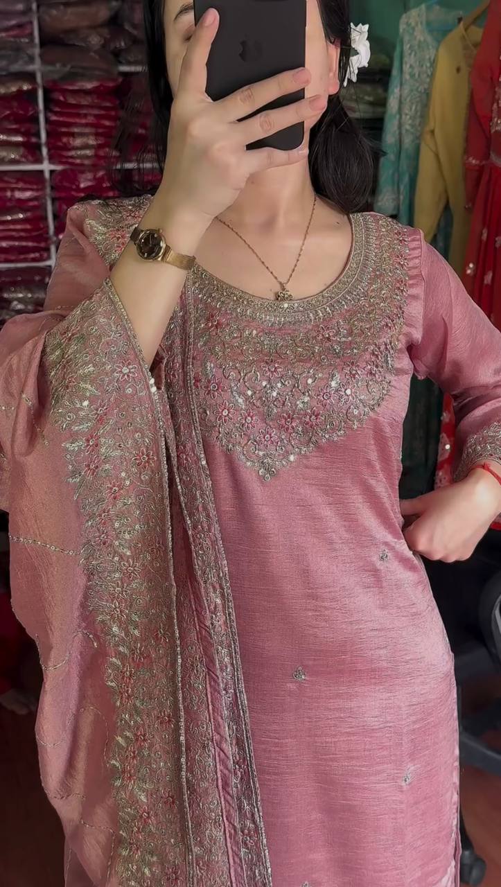 Chinon Silk Embroidered Kurti Set with Dupatta