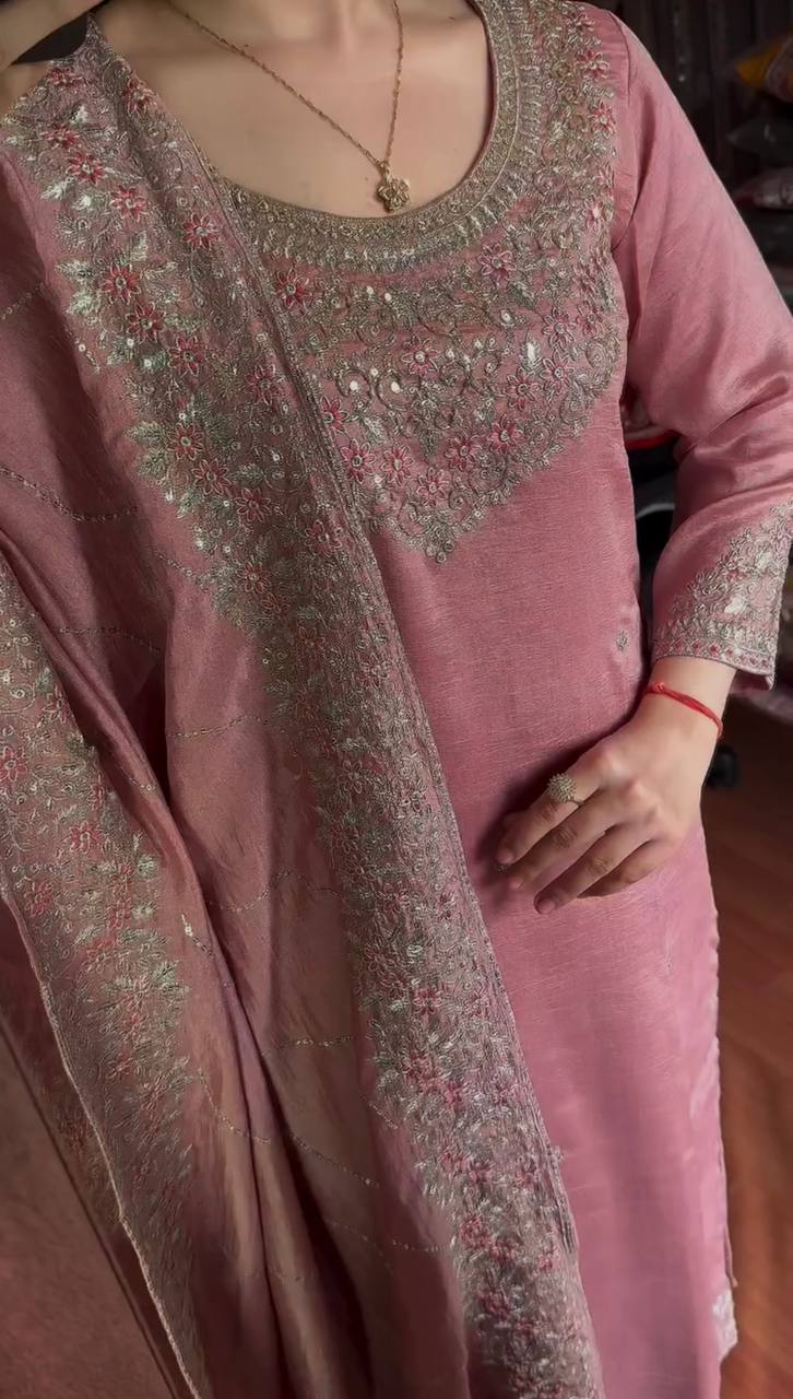 Chinon Silk Embroidered Kurti Set with Dupatta