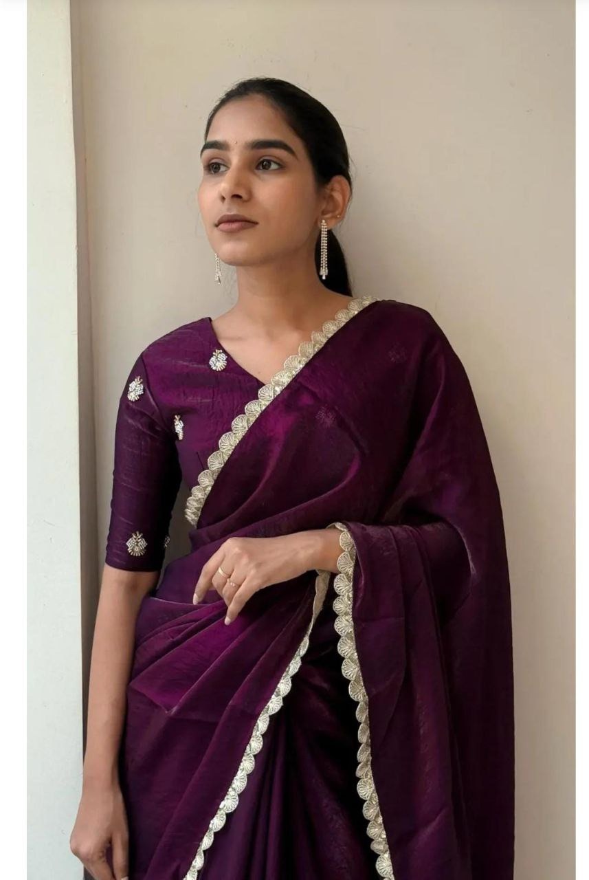 Elegant Space Silk Saree with Golden Sequence Border & Beads Work Blouse