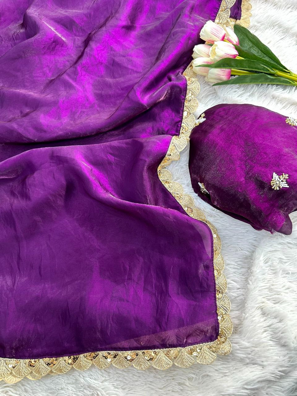 Elegant Space Silk Saree with Golden Sequence Border & Beads Work Blouse