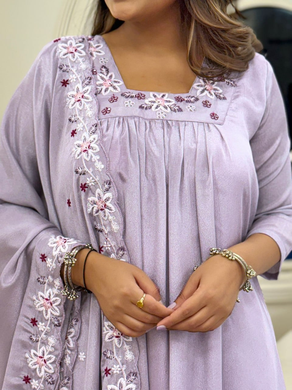 Elegant Chinon Embroidered Kurta Set with Rayon Bottom & Dupatta