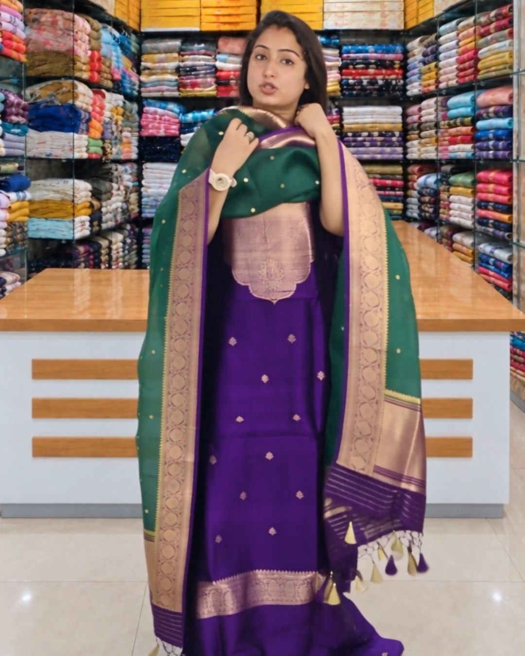Emerald-Purple Weave Jari Suit Set
