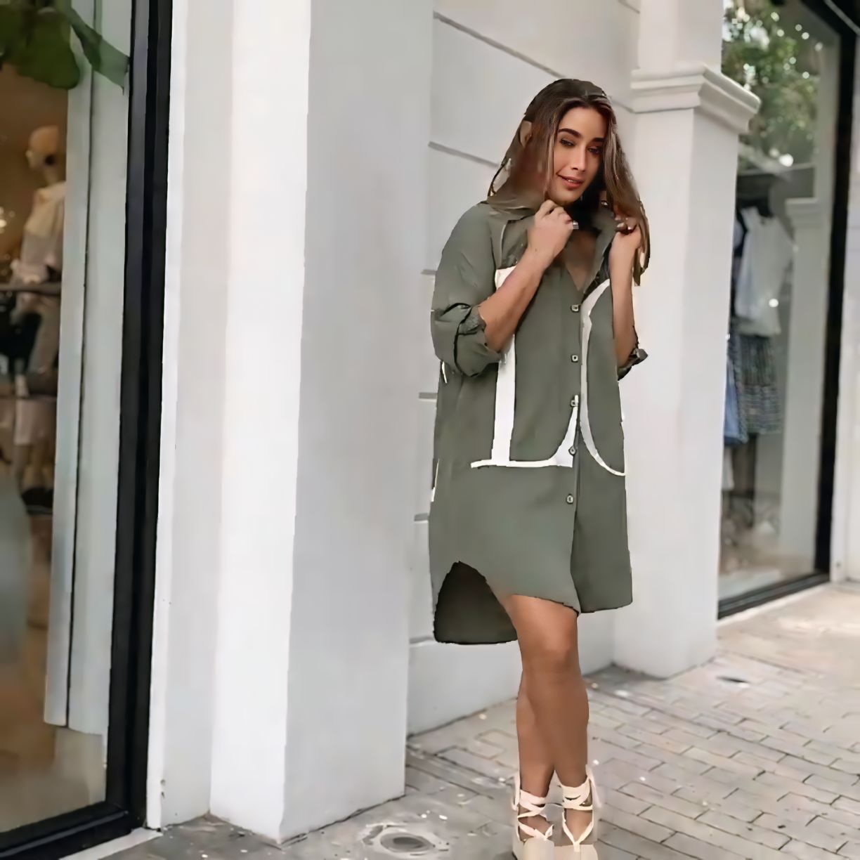 Chic Olive Green Oversized Button-Down Shirt Dress