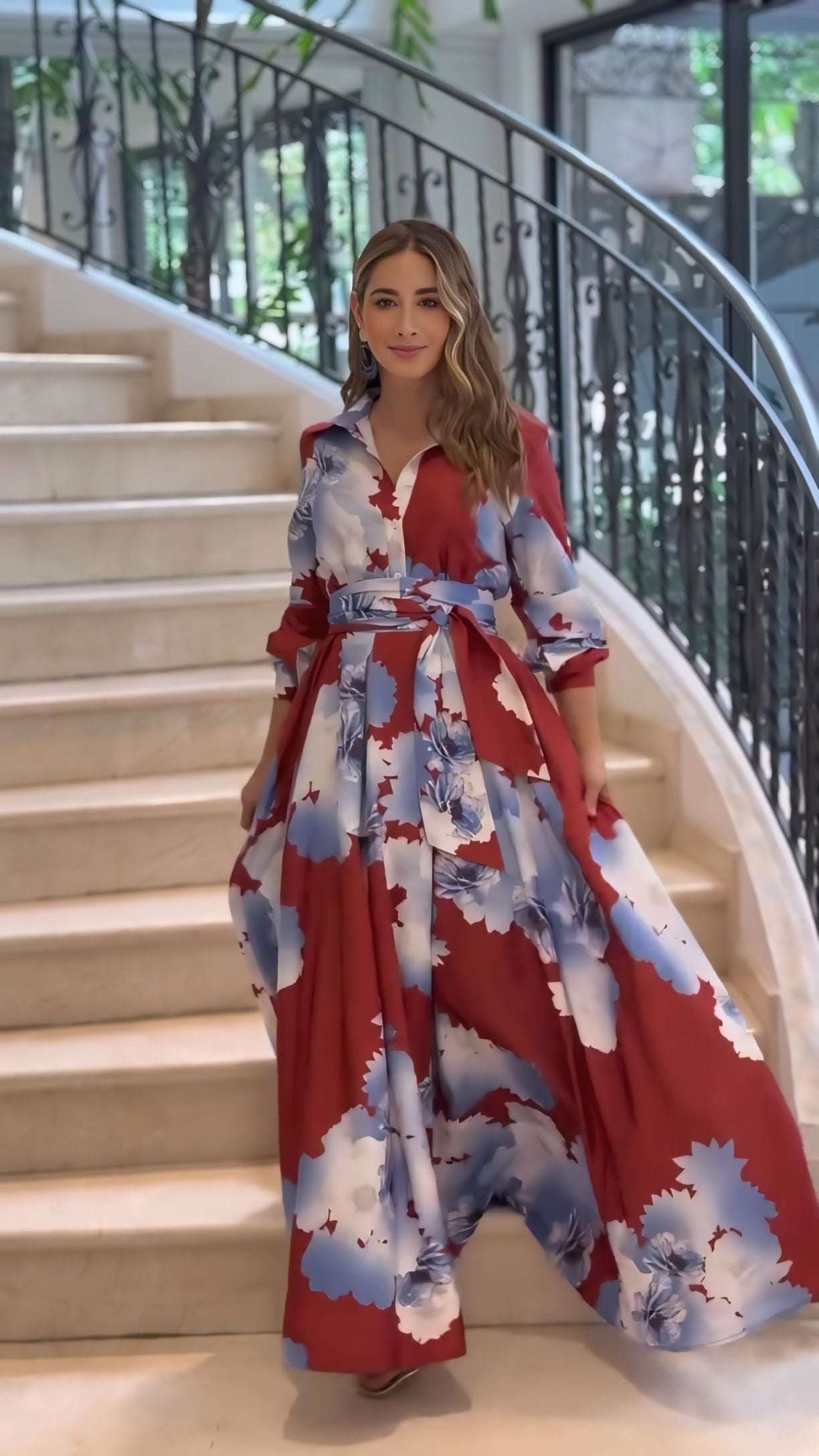 Luxe Floral Print Belted Maxi Shirt Dress