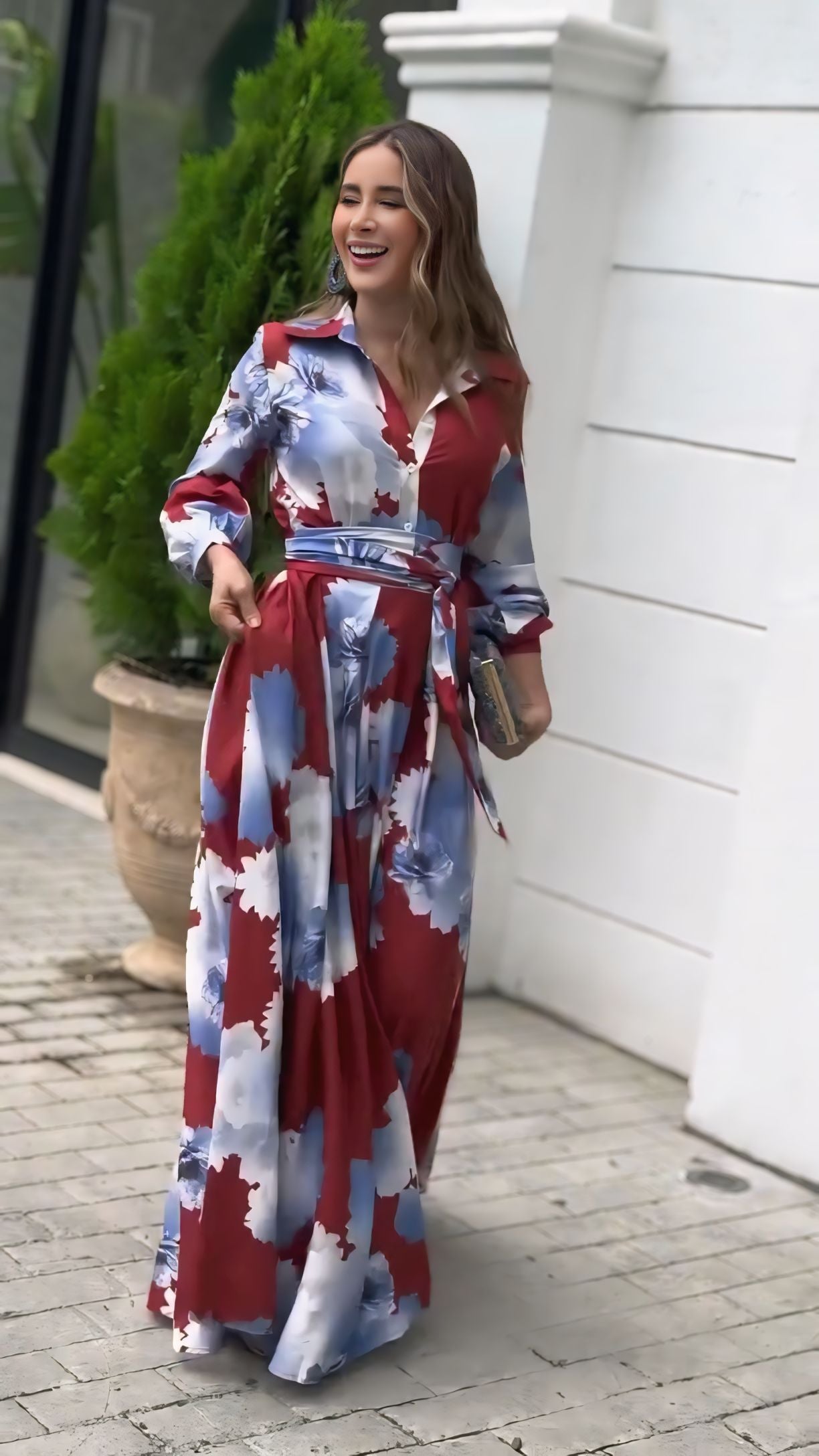 Luxe Floral Print Belted Maxi Shirt Dress