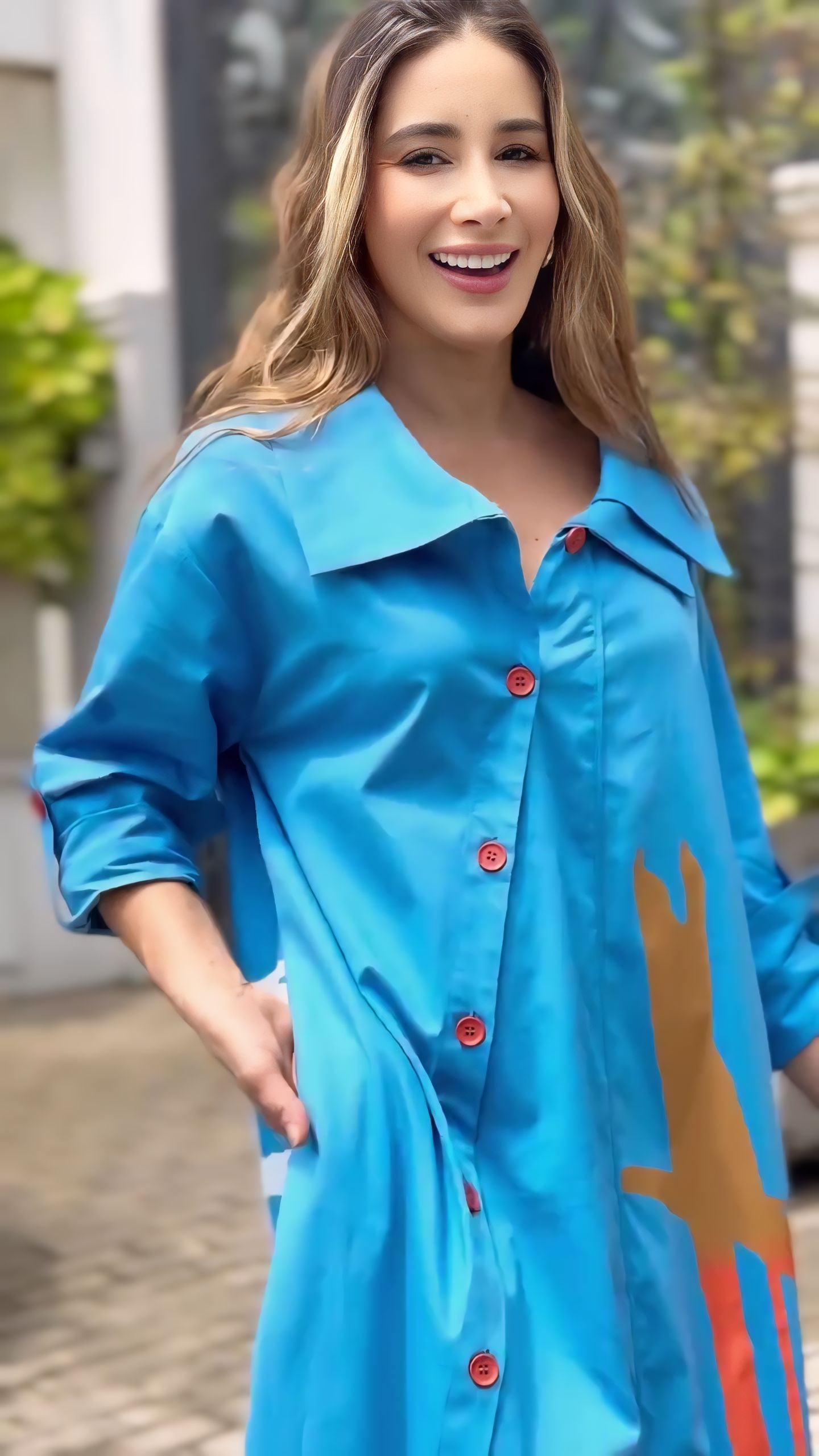 Vibrant Blue Artistic Maxi Shirt Dress