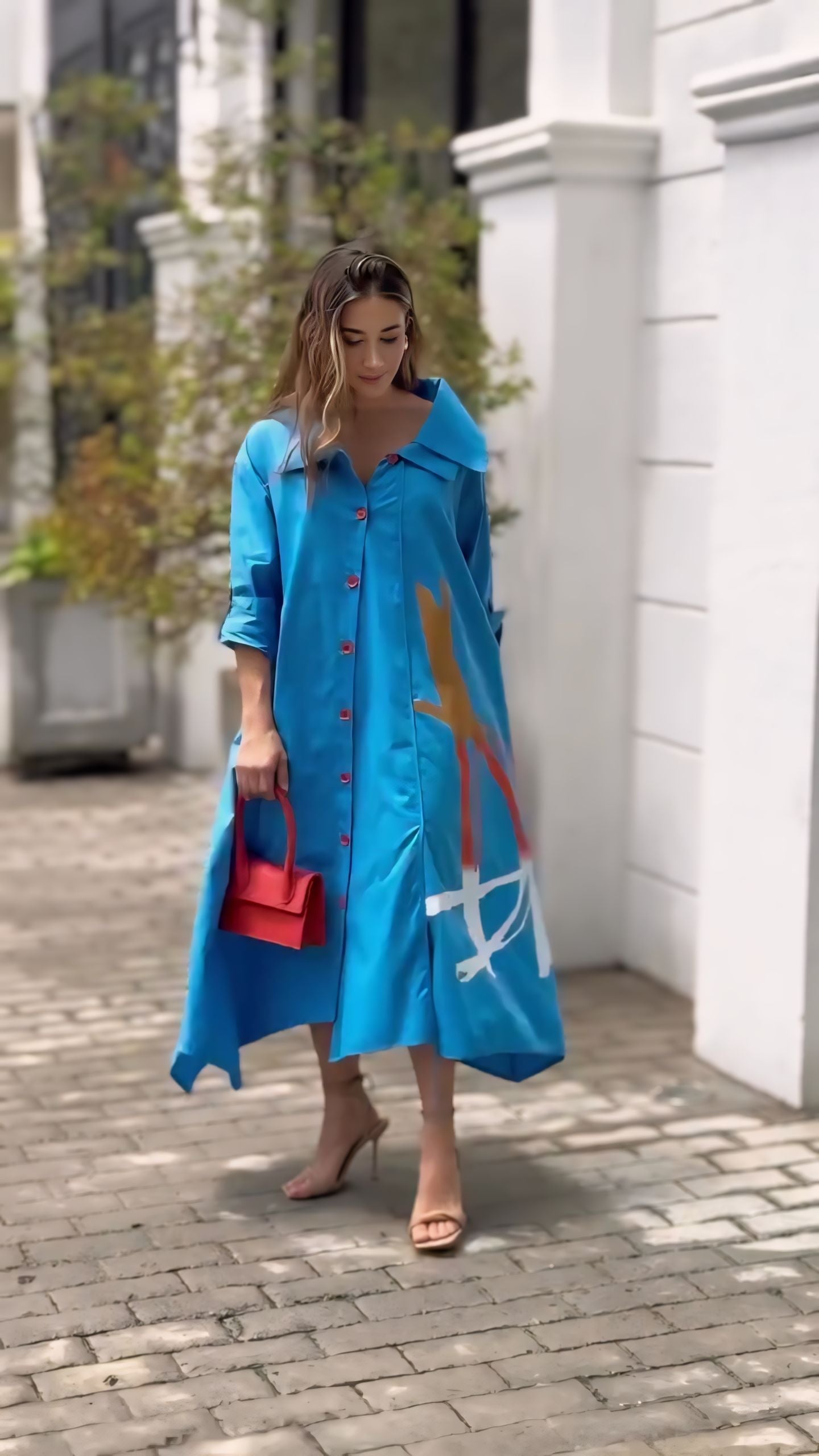 Vibrant Blue Artistic Maxi Shirt Dress