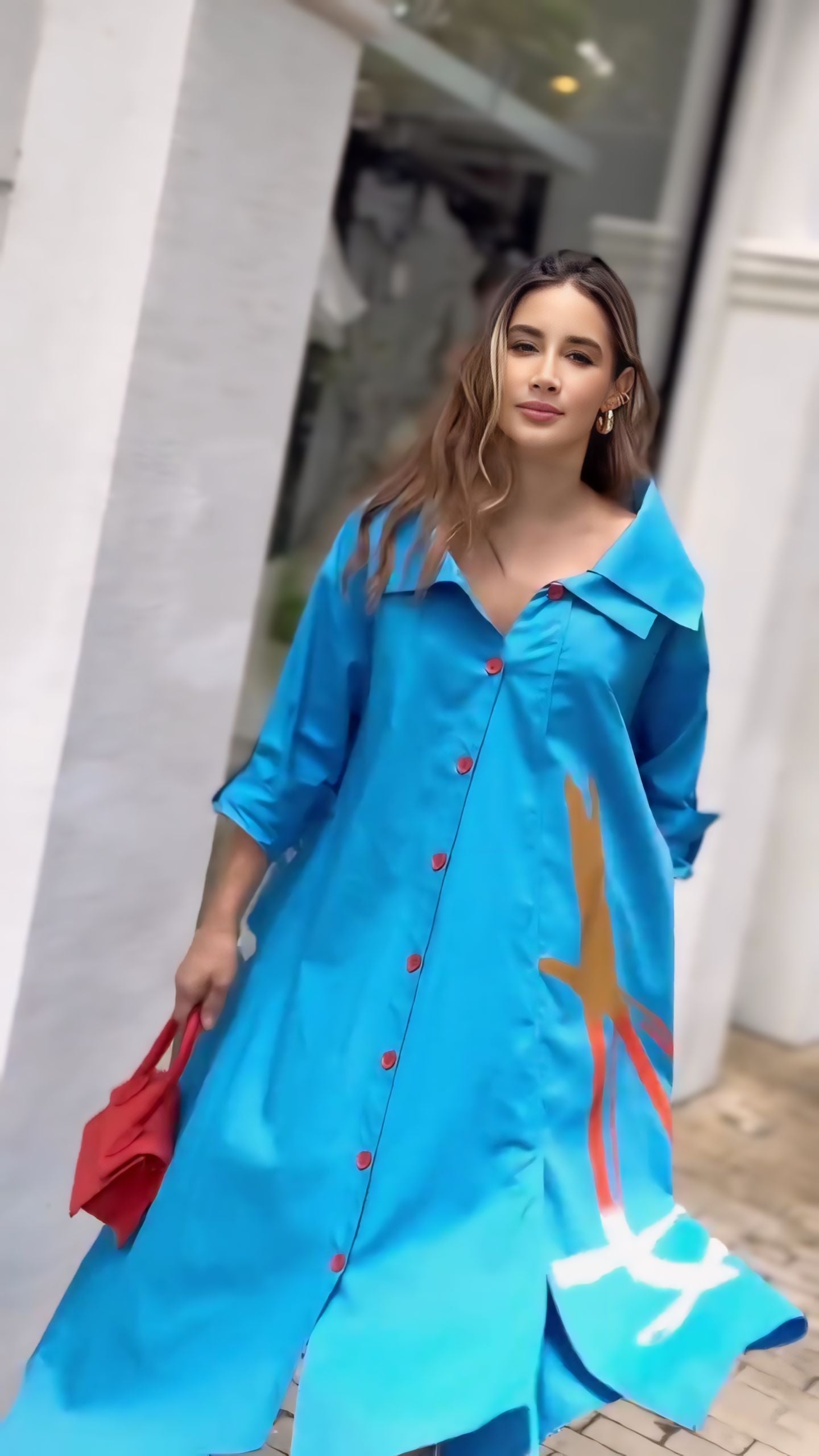 Vibrant Blue Artistic Maxi Shirt Dress